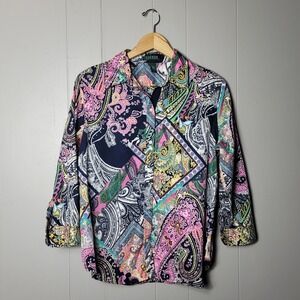 LAUREN RALPH LAUREN BOLD COLORFUL PAISLEY MIX PRINT BUTTON FRONT WOMENS LARGE